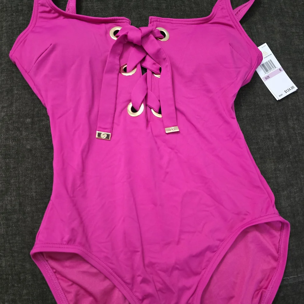 Michael Kors Bright Fuchsia Lace-Up One-Piece Swimsuit